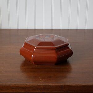 Hand Crafted Jewelry Box Red Asian Style Octagonal Lidded Pagoda Floral MCM Vtg